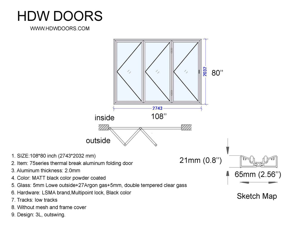 Aluminum Bifold Door 108″Wx80″H