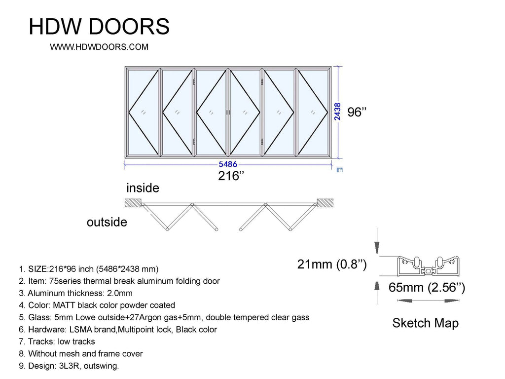 Aluminum Bifold Door 216″Wx96″H