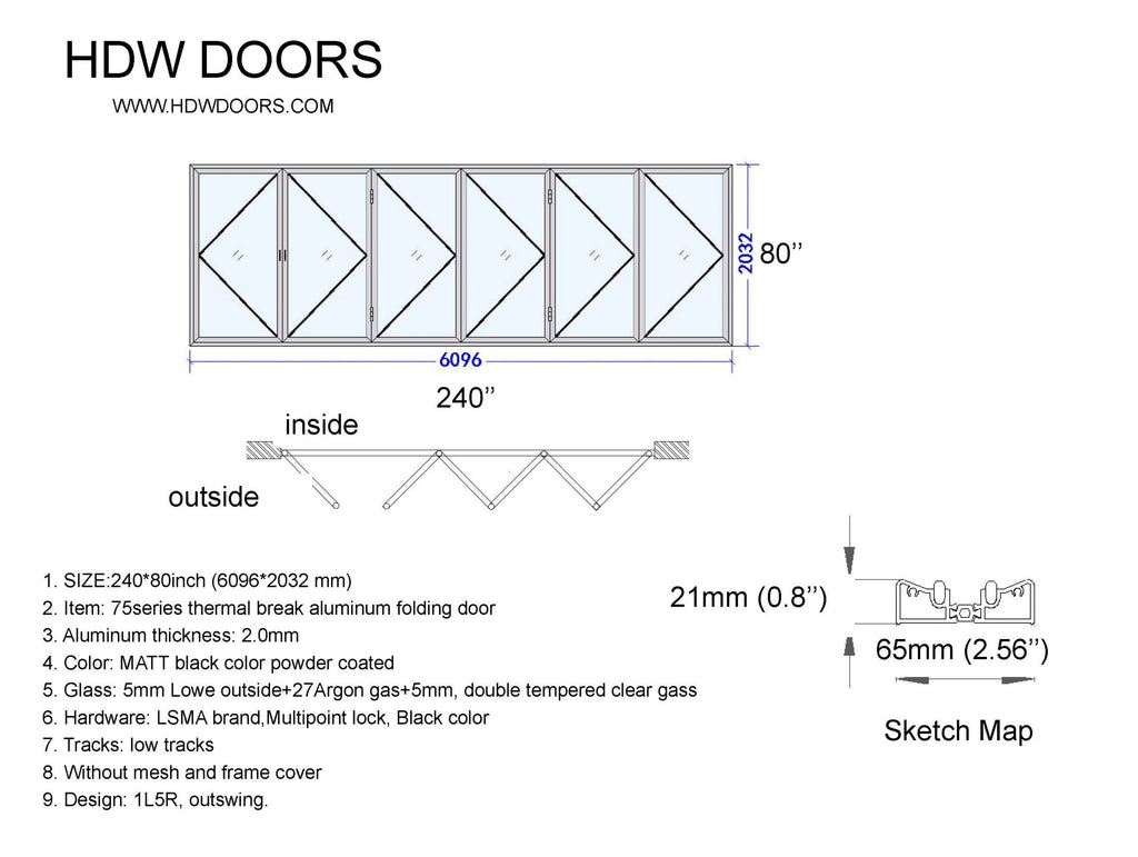 Aluminum Bifold Door 240″Wx80″H