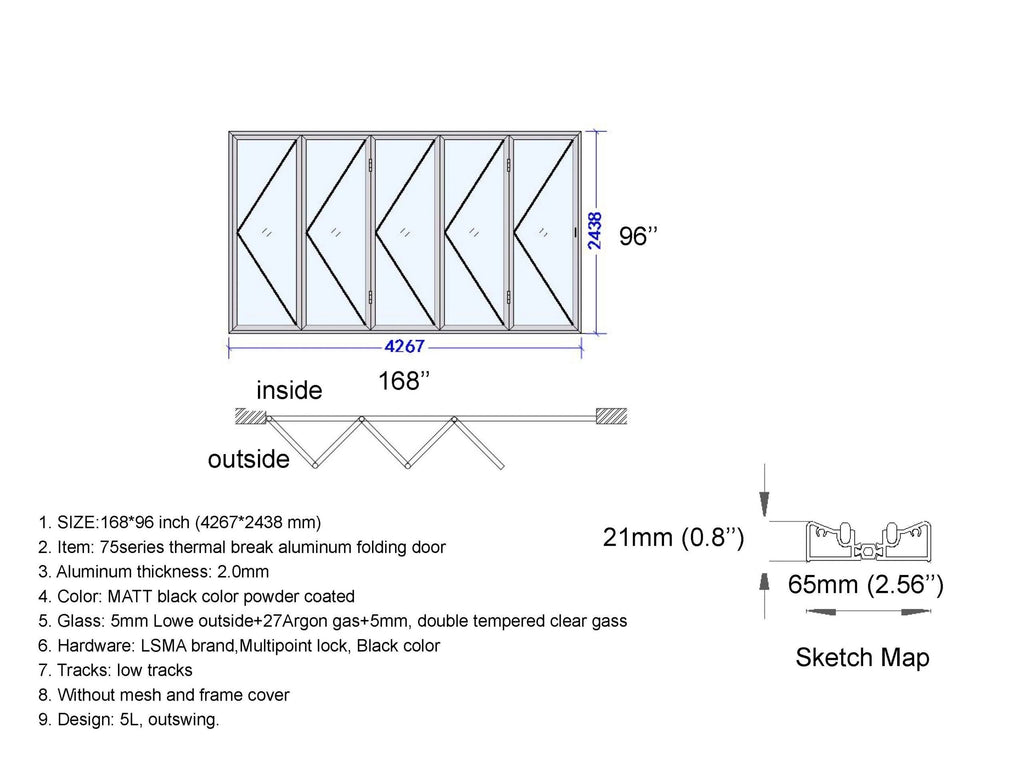 Aluminum Bifold Door 168″Wx96″H