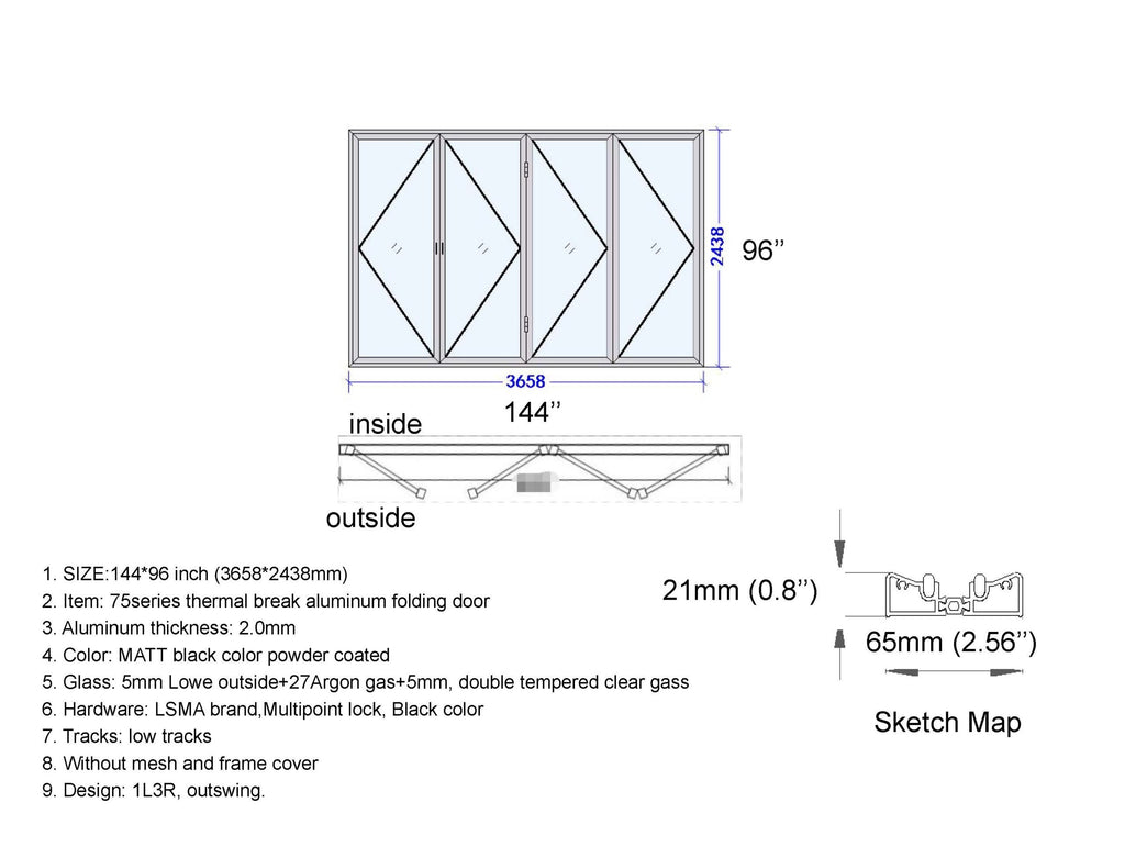Aluminum Bifold Door 144″Wx96″H