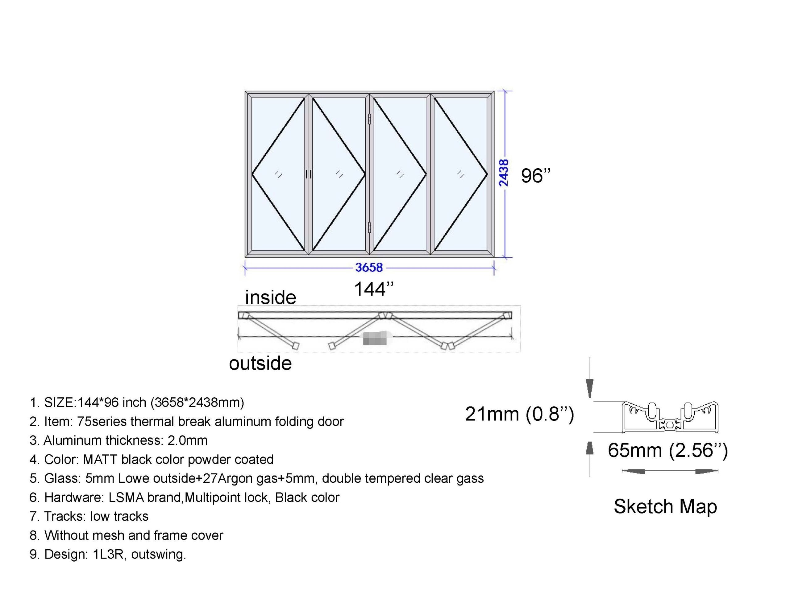 Aluminum Bifold Door 144″Wx96″H