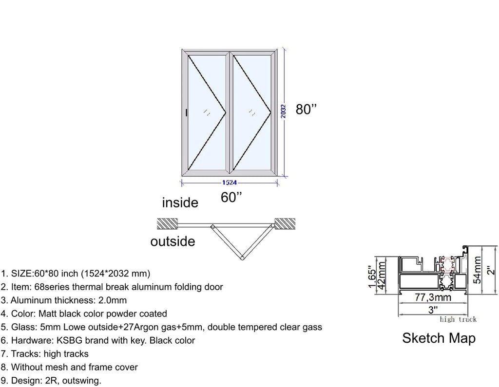 Aluminum Bifold Door 60″Wx80″H